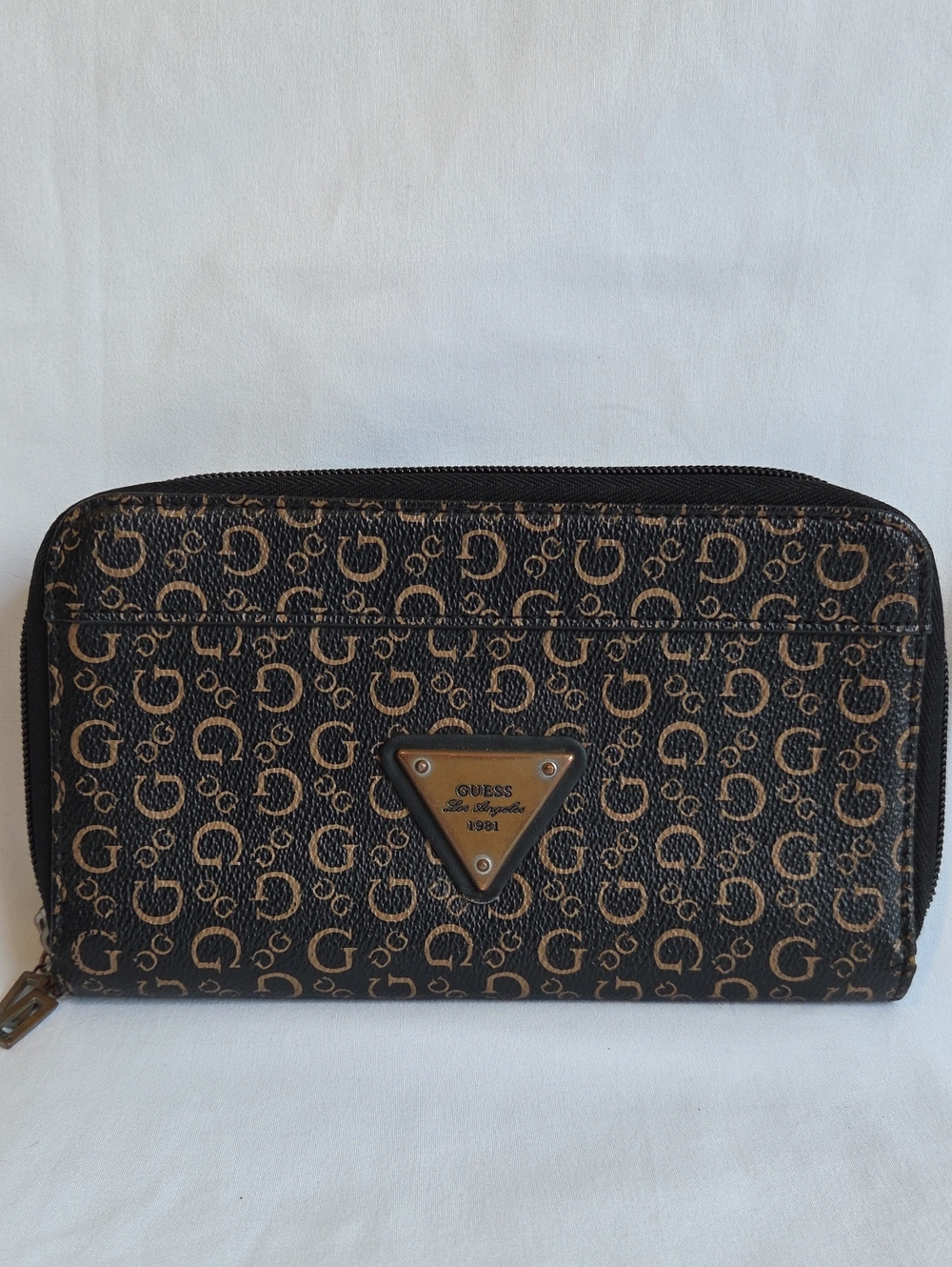 GUESS Brown and Black Monogram Zip Wallet